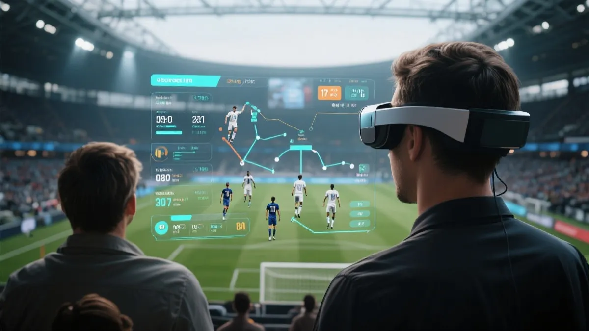 观众佩戴AR设备观看世界杯比赛，界面叠加战术线路与数据